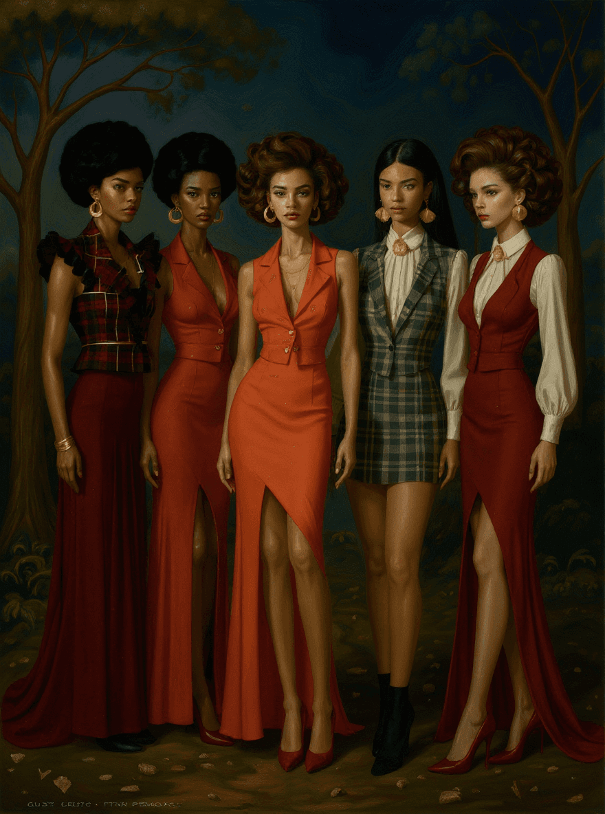 AI generated: USING DDG MODEL DAVINCI2, IMAGINE: A surreal artwork featuring five stylized figures in striking out...