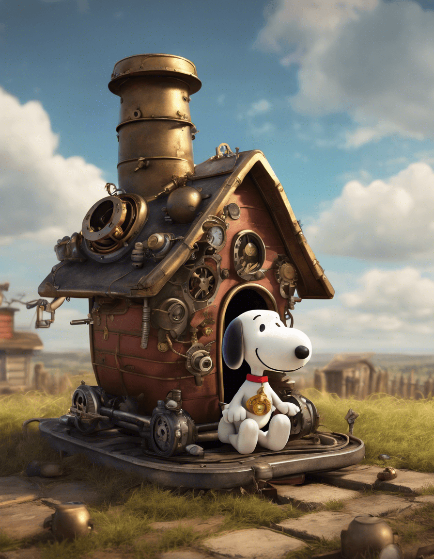 AI generated: Hyperrealistic, realism, Peanuts cartoon characters Snoopy and Woodstock meets steampunk, Steampunk ...