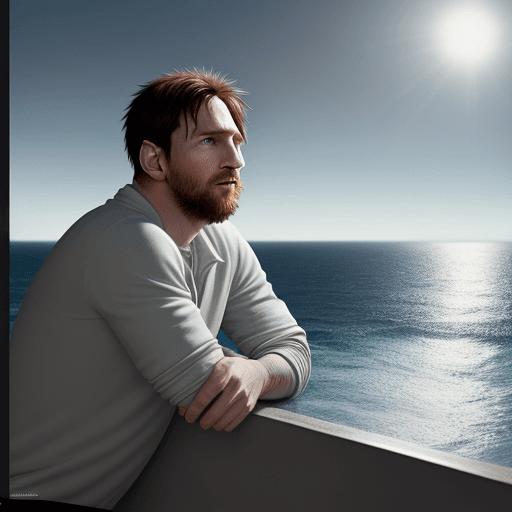 AI generated: Hyper realistic photo of Messi overlooking the ocean, daylight, indirect lighting, AD magazine, 