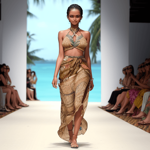 AI generated: Gorgeous model strutting the runway at a fashion show, wearing breathtaking summer outfits with intr...
