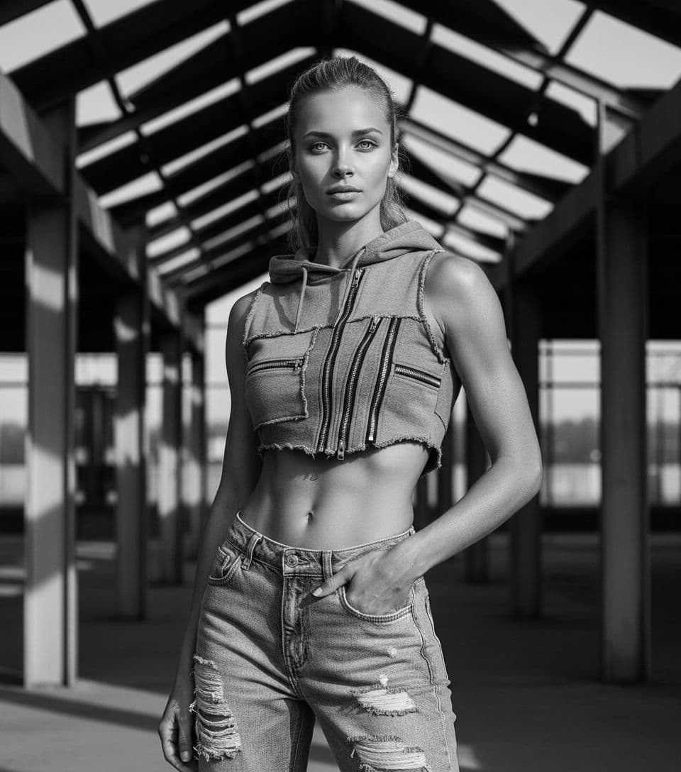 AI generated: black and white photography, deconstucivist Fashion shot from a distance photo of a 24 year old Fula...