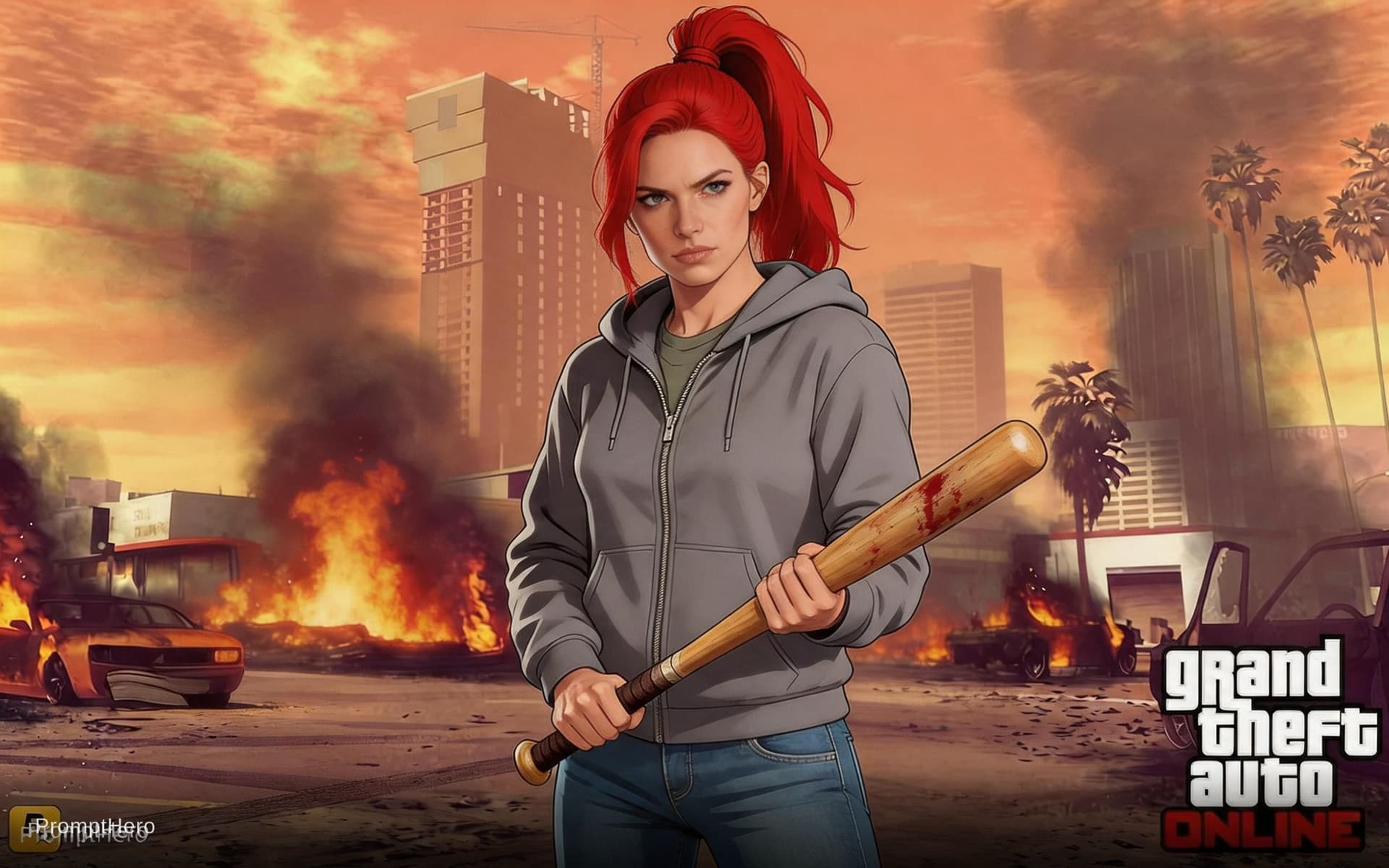 AI generated: a single red hair tied up women with a baseball bat, lots of detail