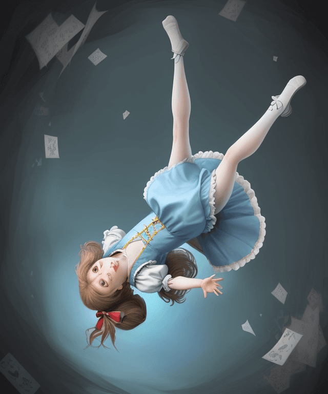 AI generated: realistic drawing 
alice from alice in wonderland falling from the sky horizontally 
body and head f...
