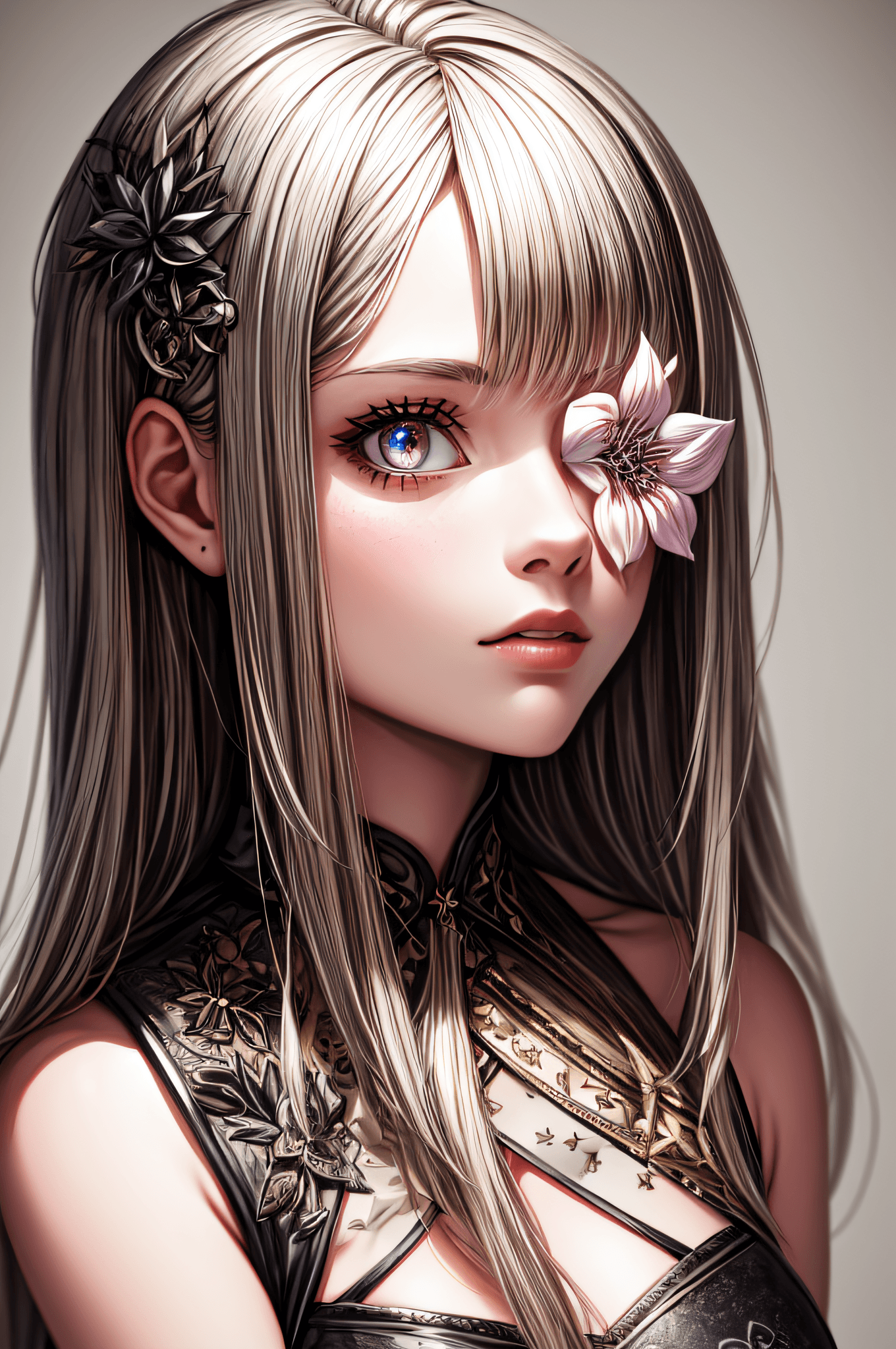 AI generated: Highly detailed, High Quality, Masterpiece, beautiful,FlowerOverEye, 1girl, solo,