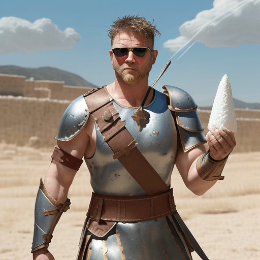 AI generated: Generate an image of a Roman soldier resembling Maximus from Gladiator, wearing sunglasses. Pose the...