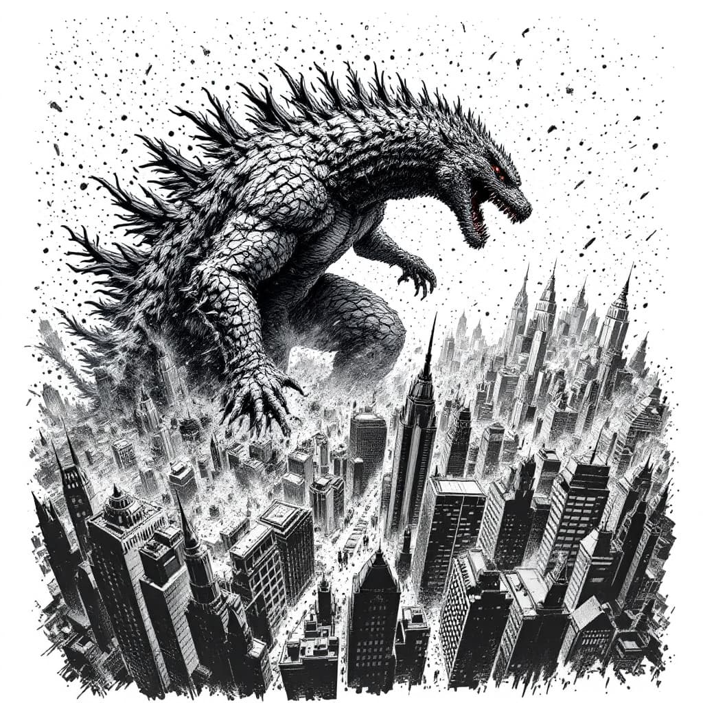 AI generated: pointillism of godzilla destroying a city