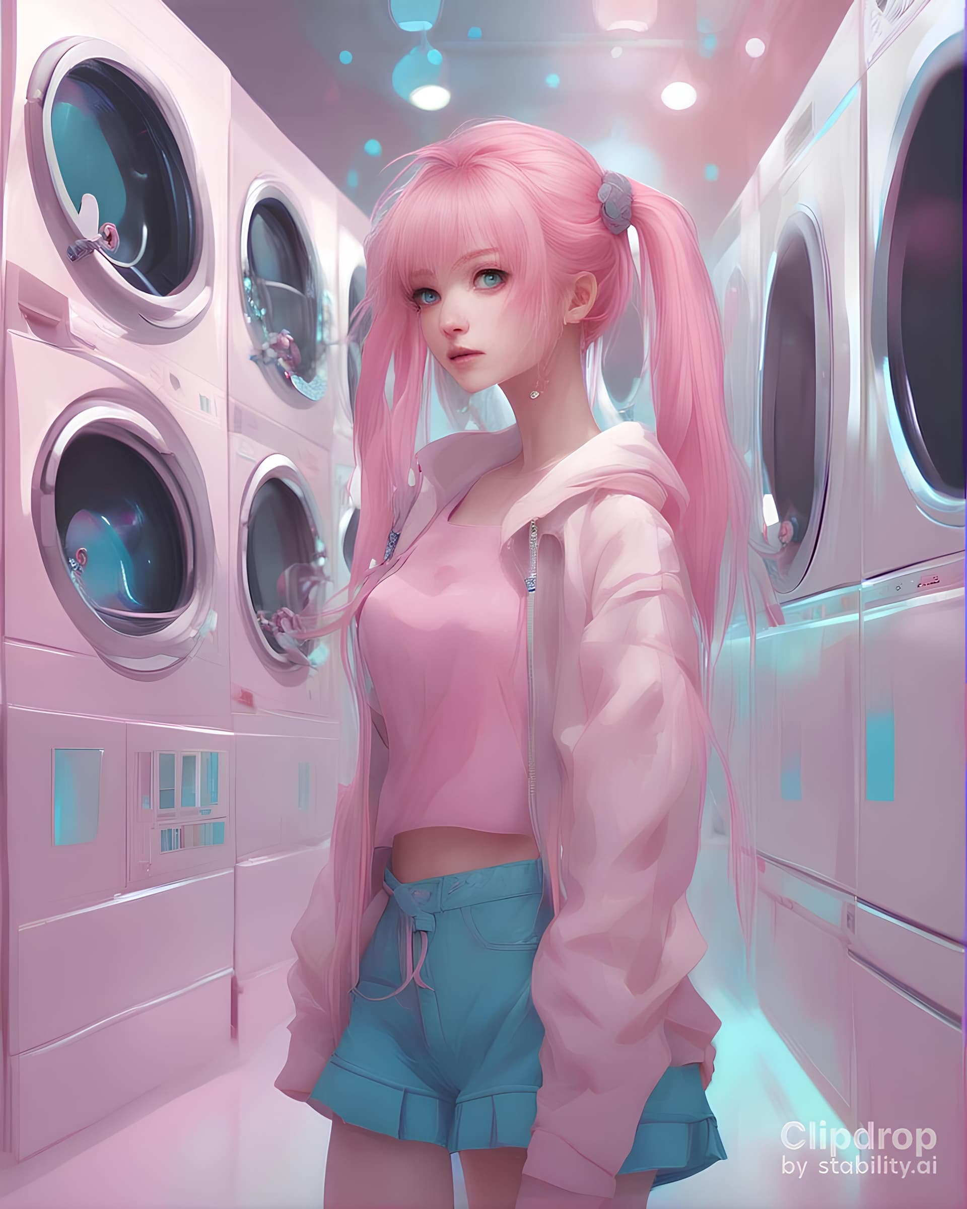 AI generated: a woman standing in front of a row of washing machines, inspired by Ross Tran, aestheticism, pink tw...