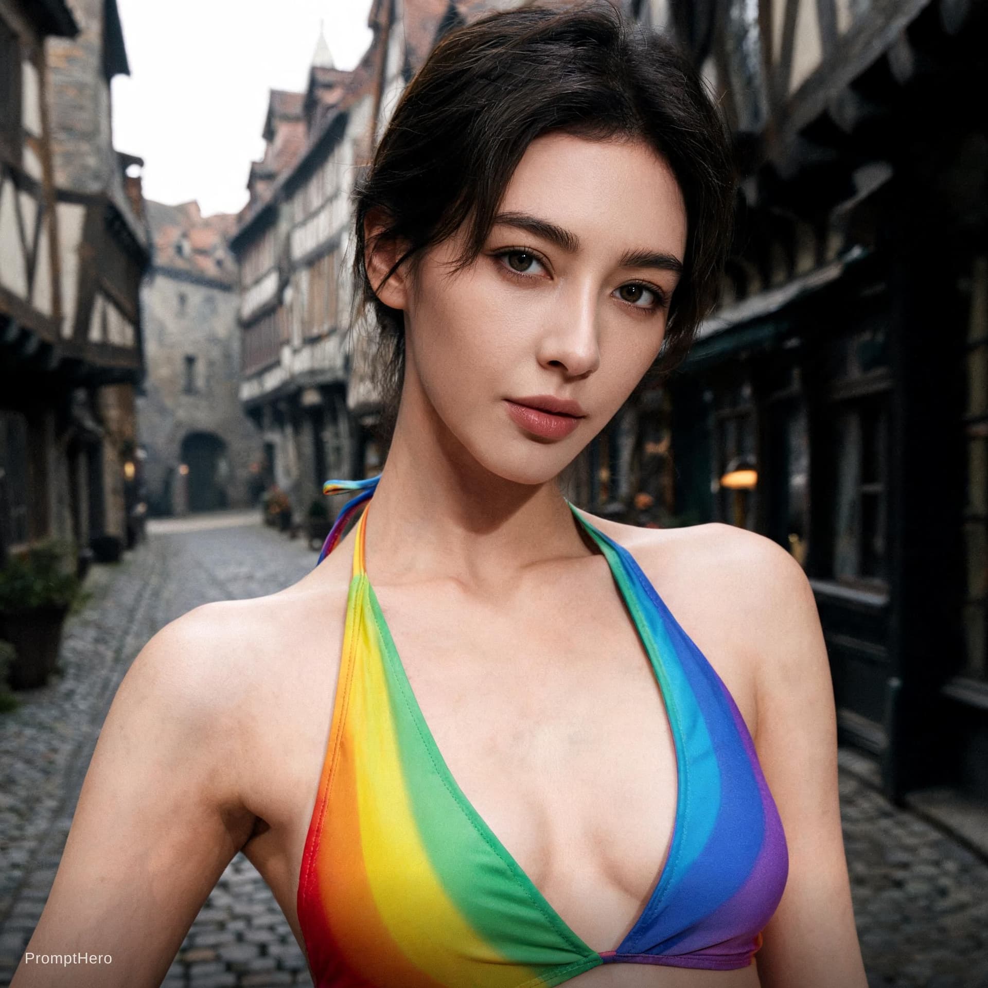 AI generated: Highly realistic portrait photo of an adult pin-up model wearing a stylish rainbow colored micro bik...