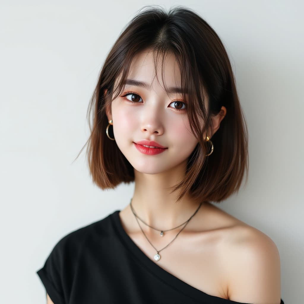 AI generated: beautiful amateur image of a mischievous 18 year old Japanese girl, with black earrings and necklace...