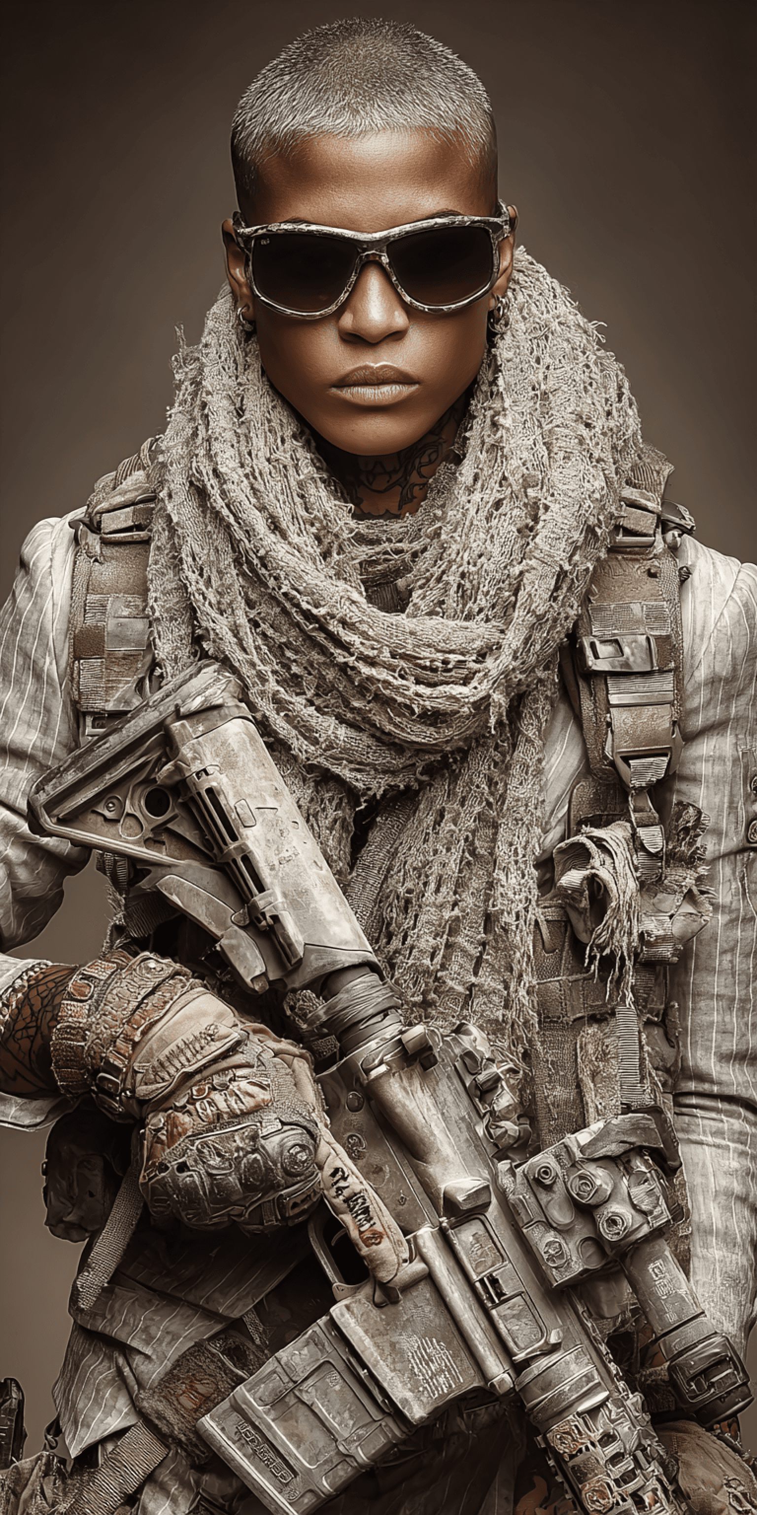 AI generated: Dark-skinned woman, mid-20s, short cropped afro hairstyle, wearing dark sunglasses,  serious express...