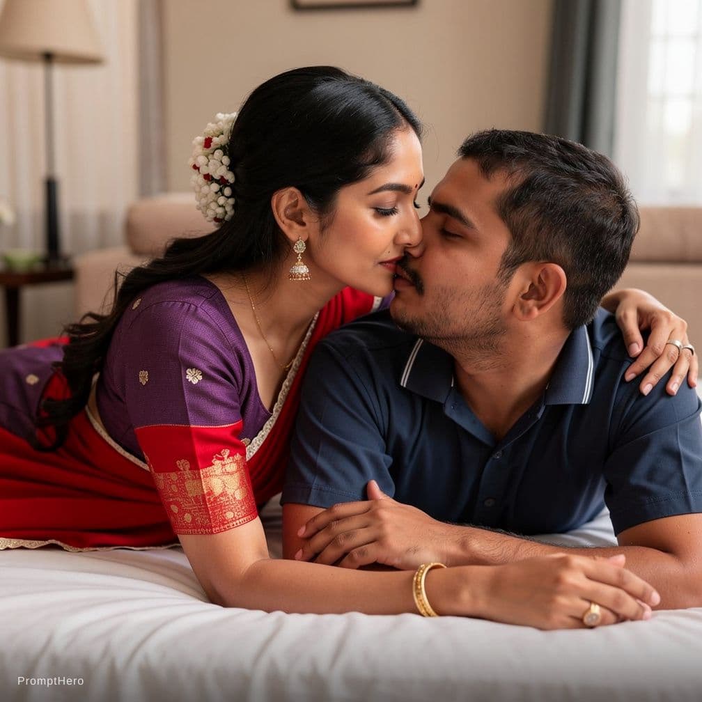 AI generated: A Indian Couples  together romantic pose sharing kiss on very close lying romantic down on her stoma...