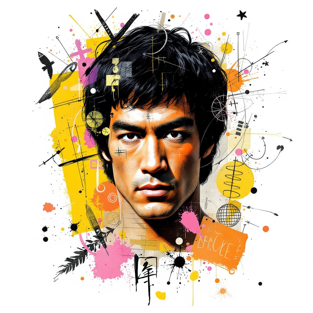 AI generated: A mixed media collage featuring Bruce Leee figure with expressive eyes, adorned in vibrant patterns ...