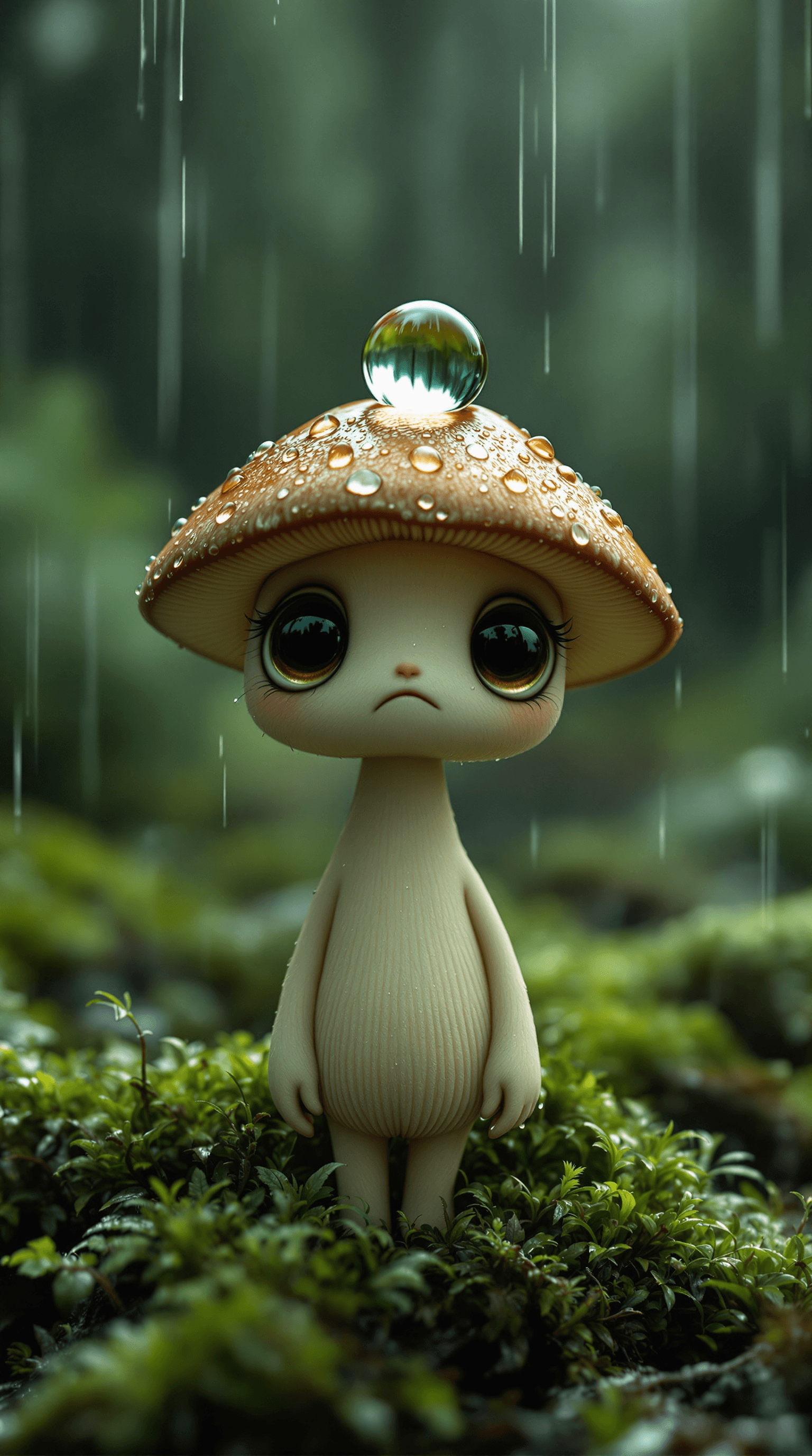 AI generated: A whimsical, highly detailed fantasy mushroom character standing on a bed of lush, wet moss in a mis...