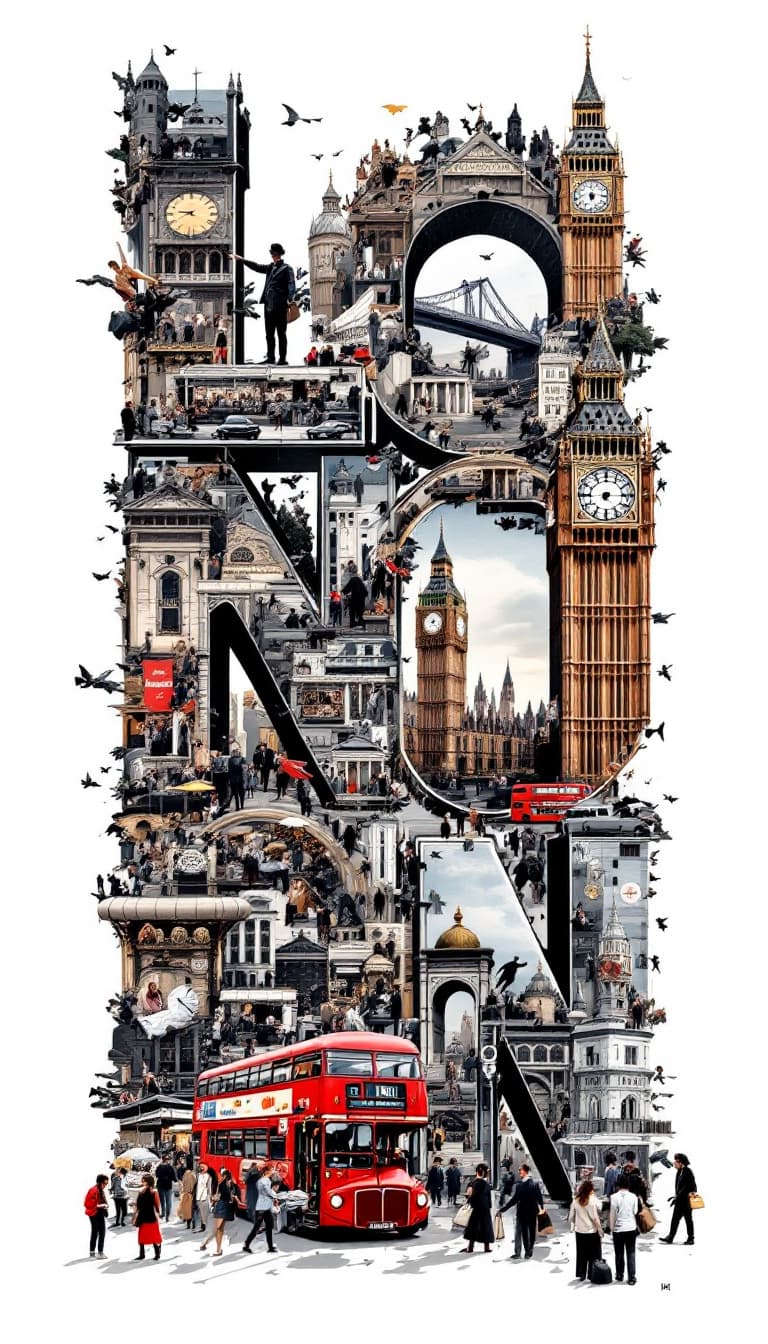 AI generated: A striking, high-contrast cinematic photo-style vertical collage that captures the essence of London...