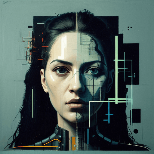 AI generated: portrait of a determined woman with long hair, gritty, cybernetics, digital ui, abstract blocks, by ...
