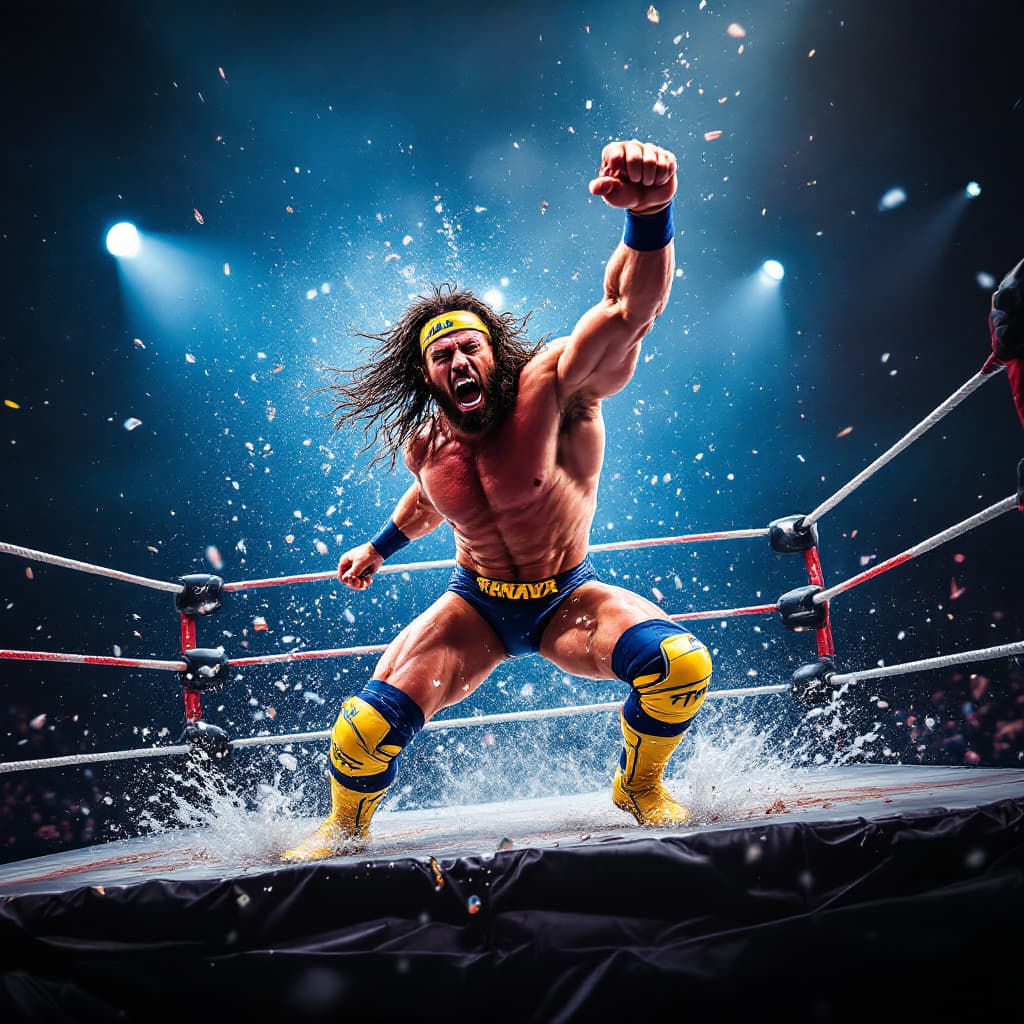 AI generated: wrestling ring, macho man randy savage elbow dropping a can of tuna 