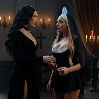 AI generated video: sexy vampire hypnotizing and kissing sexy nun
