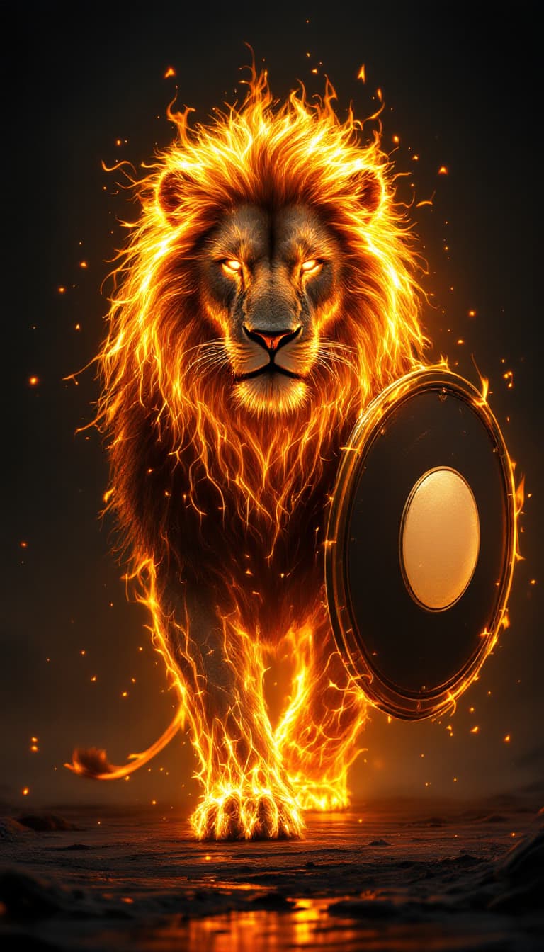 AI generated: A majestic, larger than life depiction, (THE SHIELD IS AN IMPORTANT PART OF THE COMPOSITION) A majes...