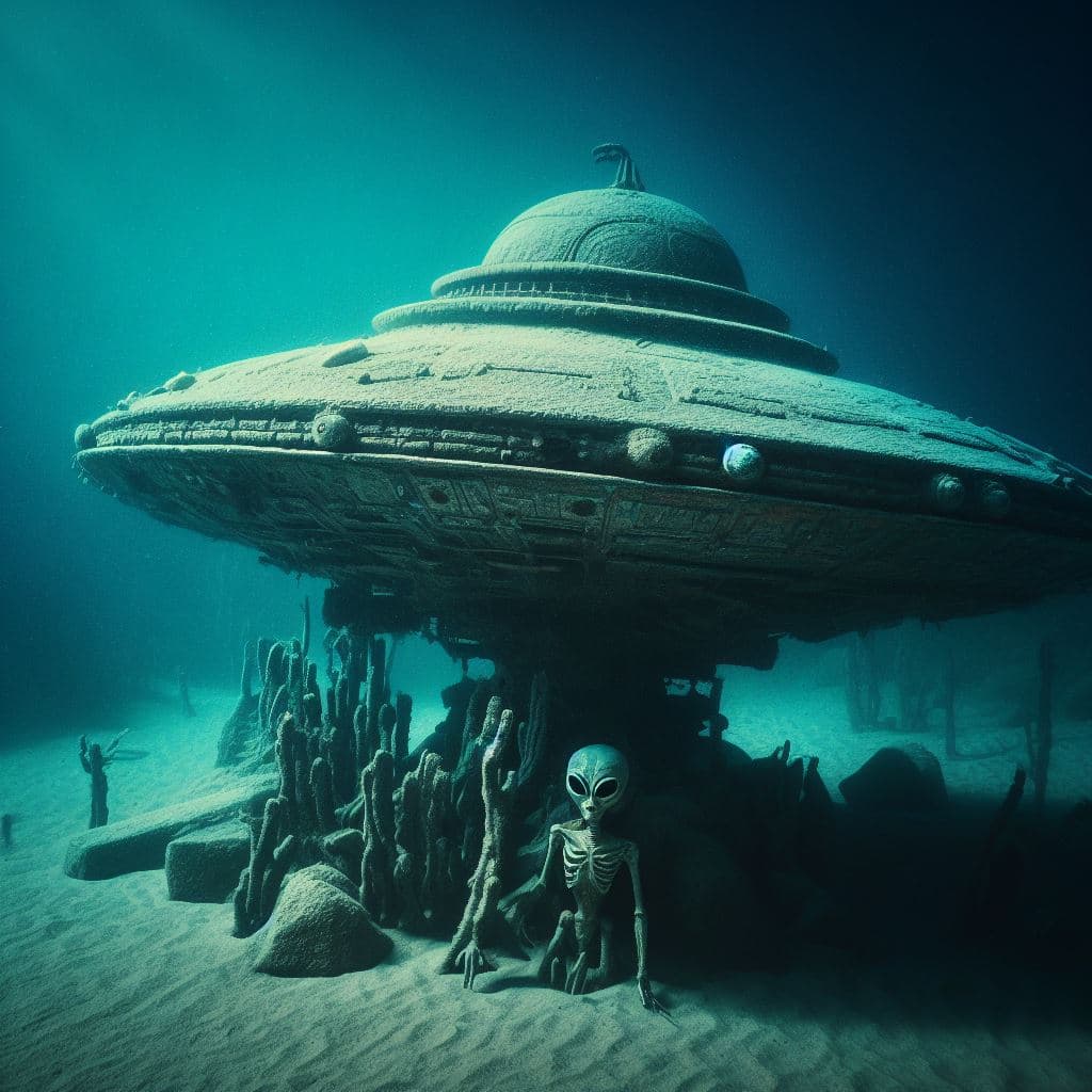 AI generated: an ancient Ufo Wreck underwater, very detailed and beautiful, mystique