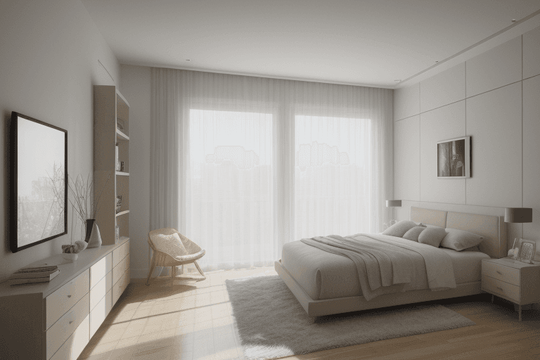 AI generated: interior design, modern bedroom, bedroom, modern, window, wide angle, wideangle, photo, photorealist...