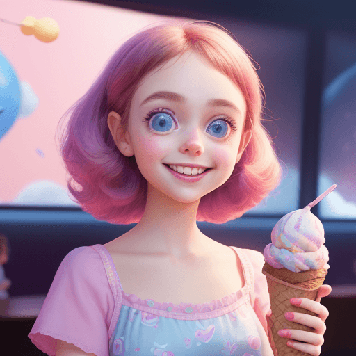 AI generated: cute, adorable, 2 smiling girl eating ice cream, Big dreamy eyes, candies flying all around her, Pix...