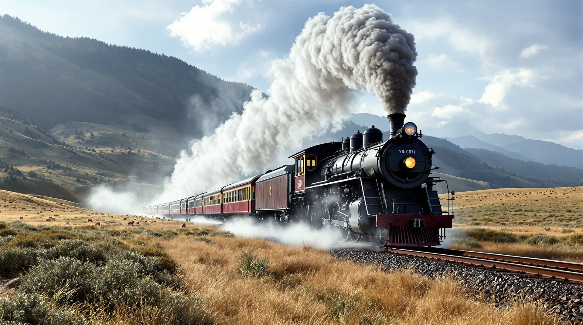 AI generated: an old steam train racing down the tracks as the wildlife is grassing in the valley  smoke pumping  ...