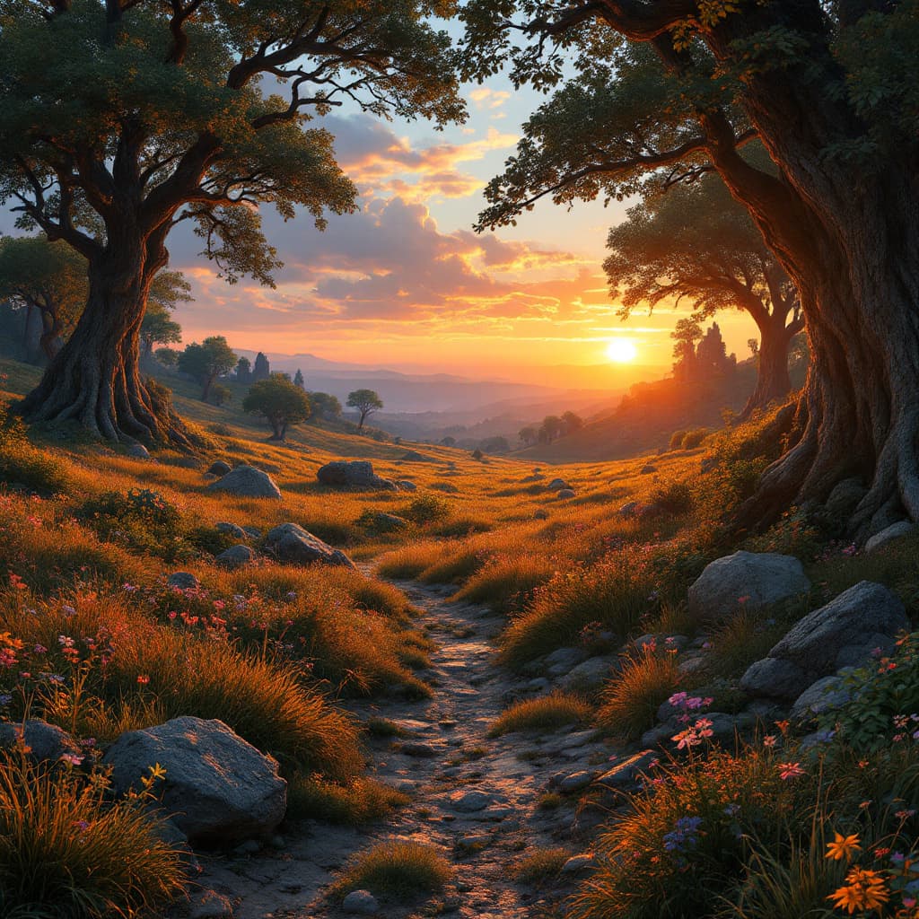 AI generated: a sprawling field from the cyberpunk era, bathed in the golden hues of dusk blending into the soft g...