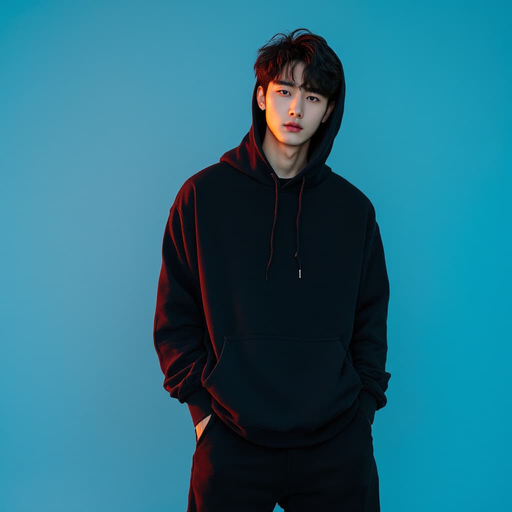 AI generated: photography, orange hue, korean man model, wearing black blank hoodie and black sweat pants, solid b...