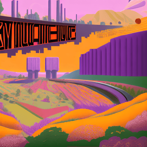 AI generated: Meadows, in the style of retro-futuristic propaganda, frequent use of orange and lilac, romanticized...