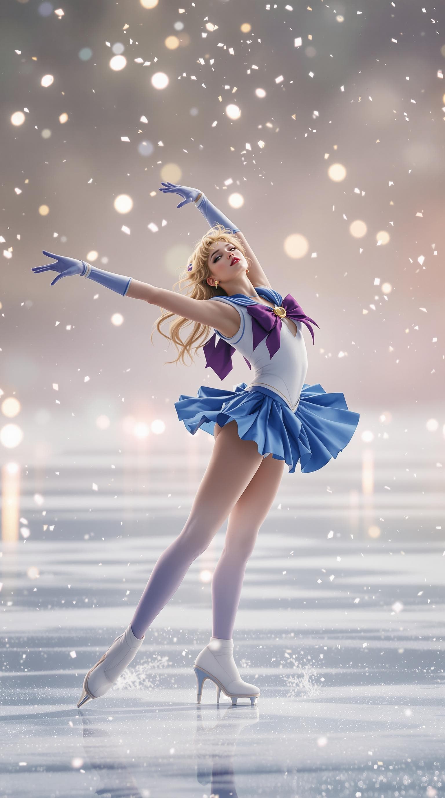 AI generated: Full length shot (FLS) of a beautiful Sailor Moon ice dancing, photorealistic, Hasselblad Camera, 8k...