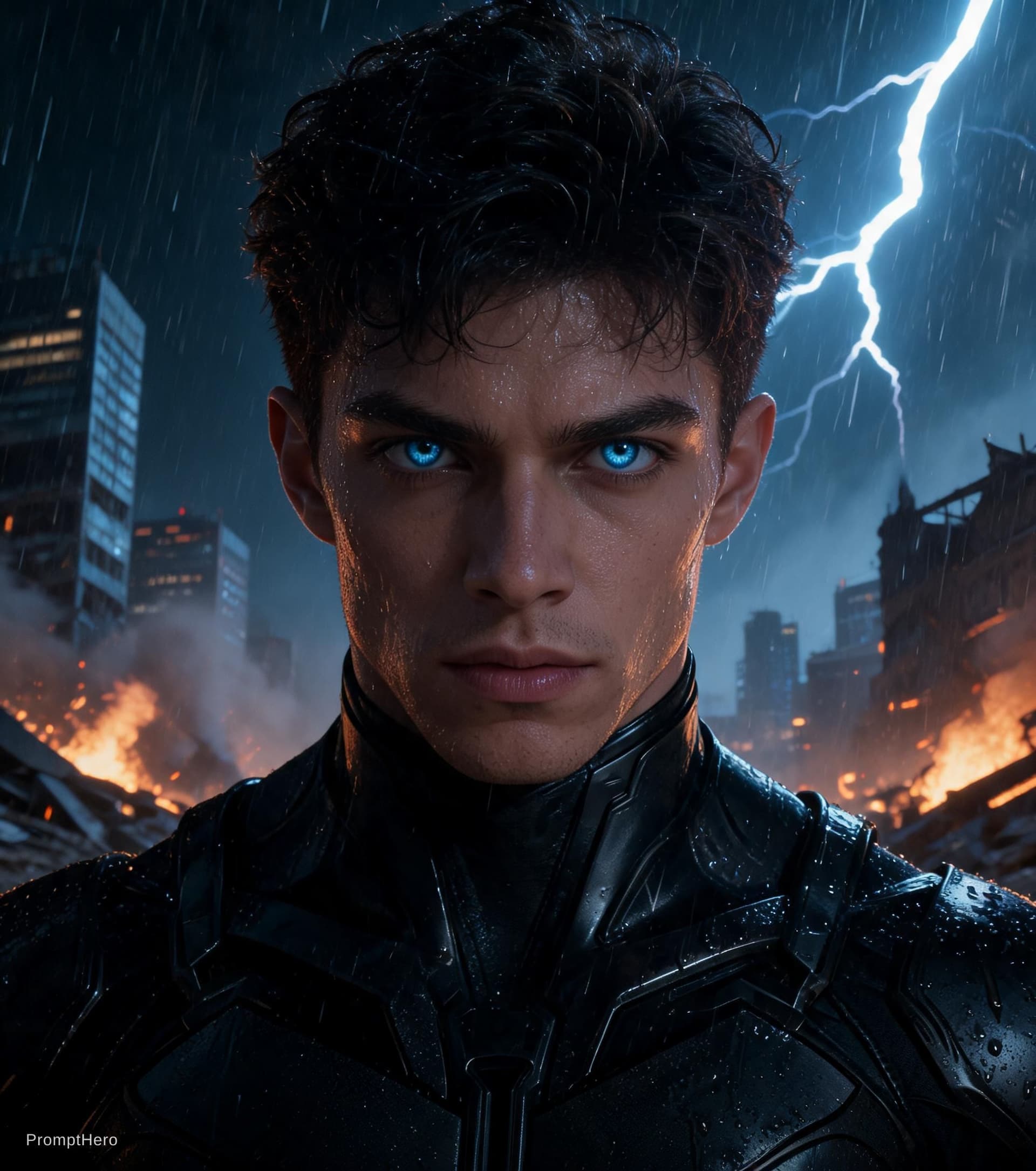 AI generated: Ultra realistic cinematic superhero standing in darkness during heavy rain. 
Only glowing eyes visib...