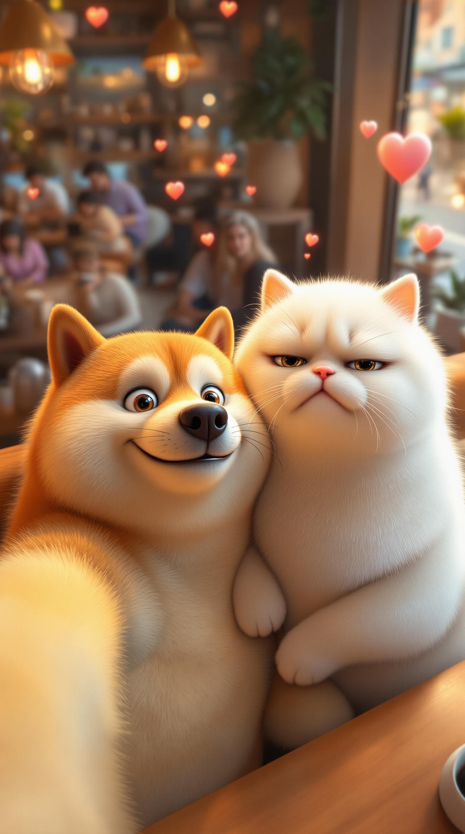 AI generated: An anthropomorphic shiba with big, expressive eyes and a big smile takes a selfie while hugging a fa...