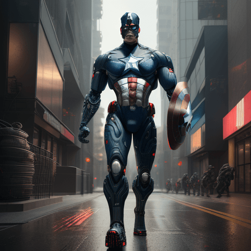 AI generated: complex 3d render of ultra detailed captain America cyborg walking in the city, robotic parts, 150 m...