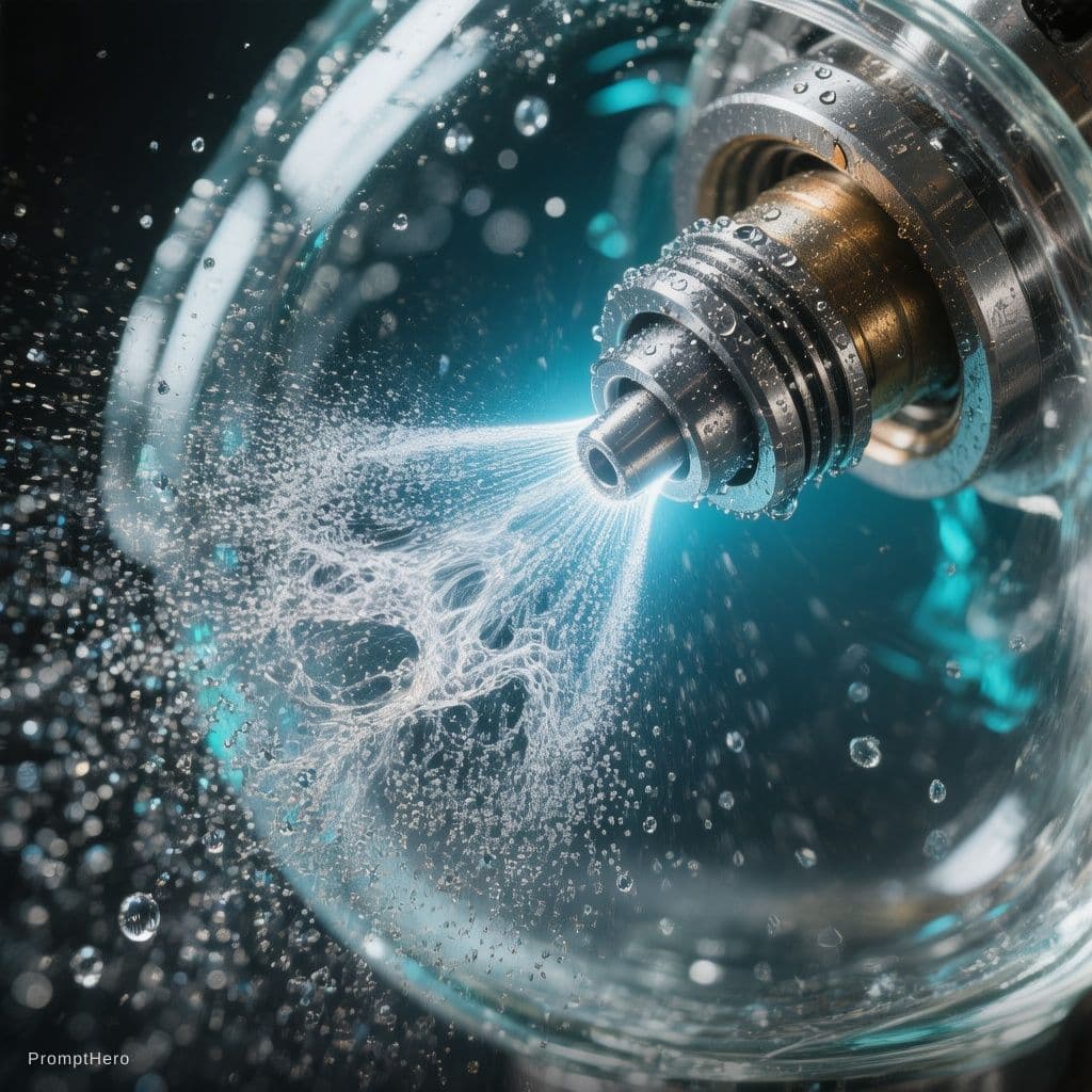 AI generated: Extreme macro shot of a high-pressure fuel injector nozzle actively spraying fuel into a transparent...