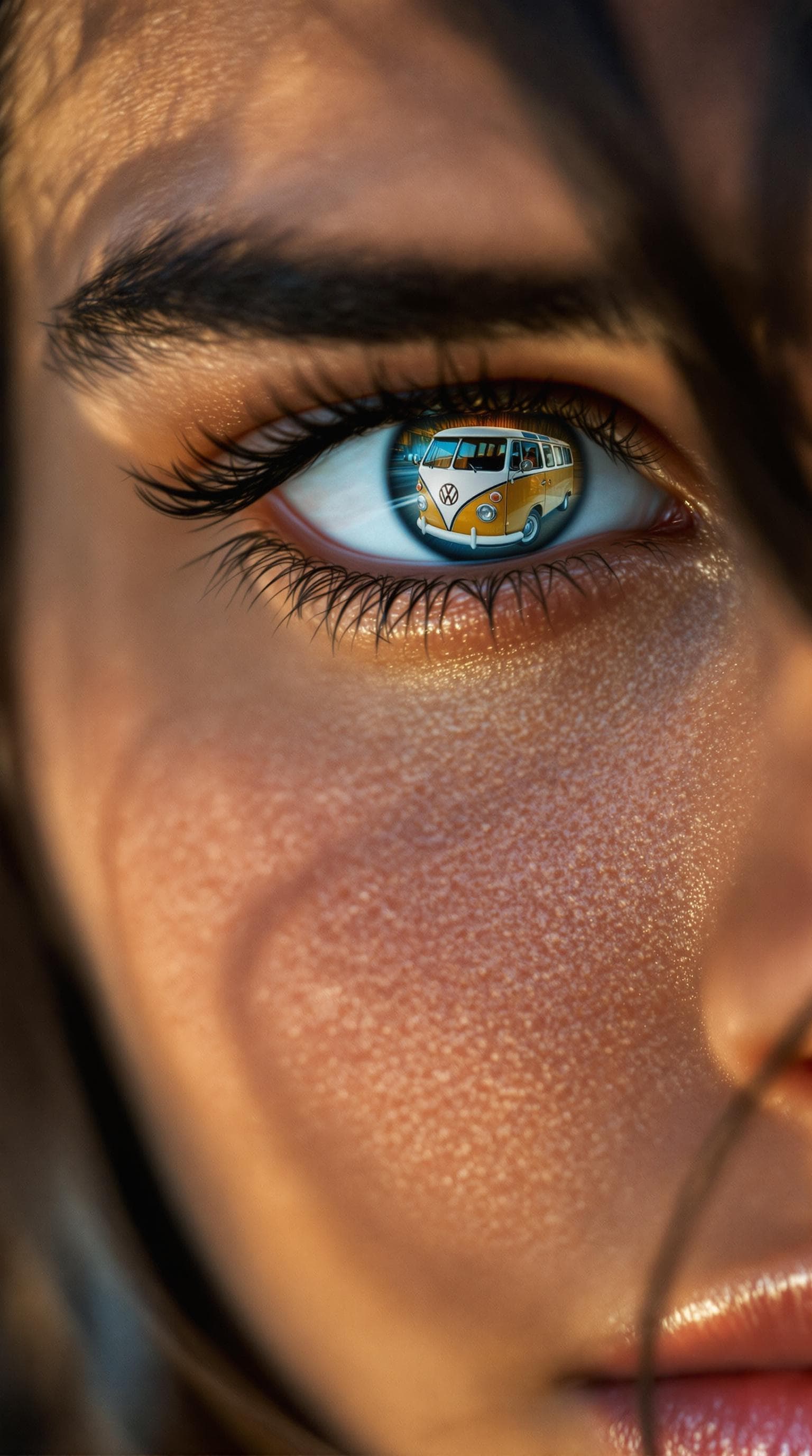 AI generated: a photo realistic close up photo of a beautiful Brazilian dark haired woman's  eyes both reflecting ...