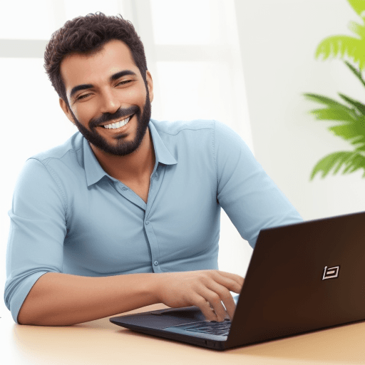 AI generated: Um homem sorrindo e segurando um laptop com a tela aberta para uma planilha financeira.