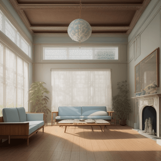 AI generated: High resolution photography interior design, dreamy sunken living room conversation pit, wooden floo...