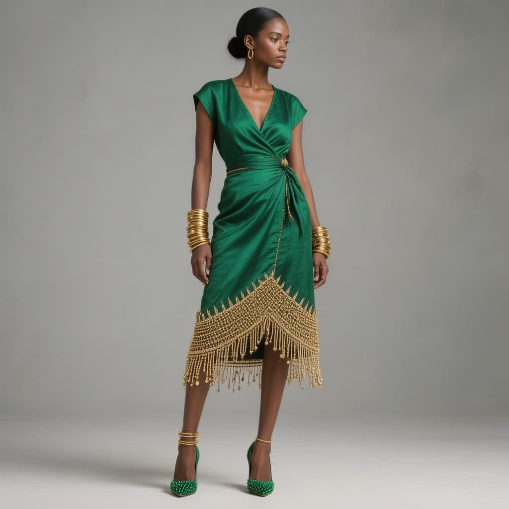 AI generated: FULL BODY IMAGE: A gorgeous dark-brown-skinned female with hair in a low bun, wearing an emerald gre...