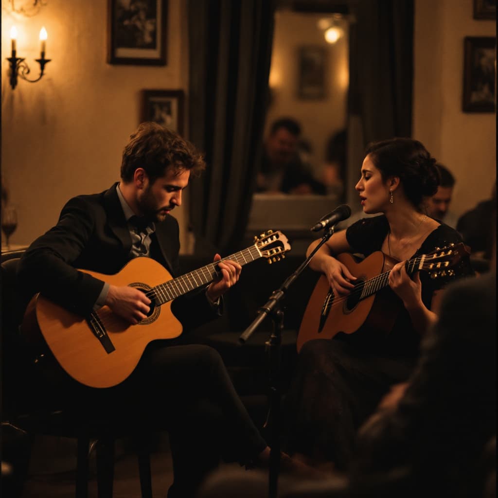 AI generated: A fado dinner in Lisbon with a group of people for a company retreat. A fado singer is performing wi...