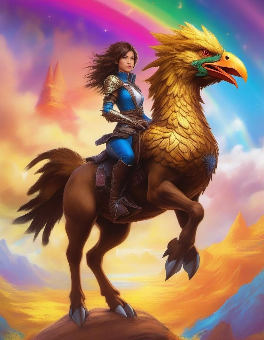 AI generated: In a dazzling display of artistic mastery, a flawlessly rendered chocobo, the iconic creature from t...