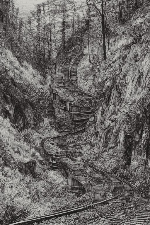 AI generated: pen and ink, intricate line drawings, ruan jia, kentaro miura, greg rutkowski, loundraw,arafed train...