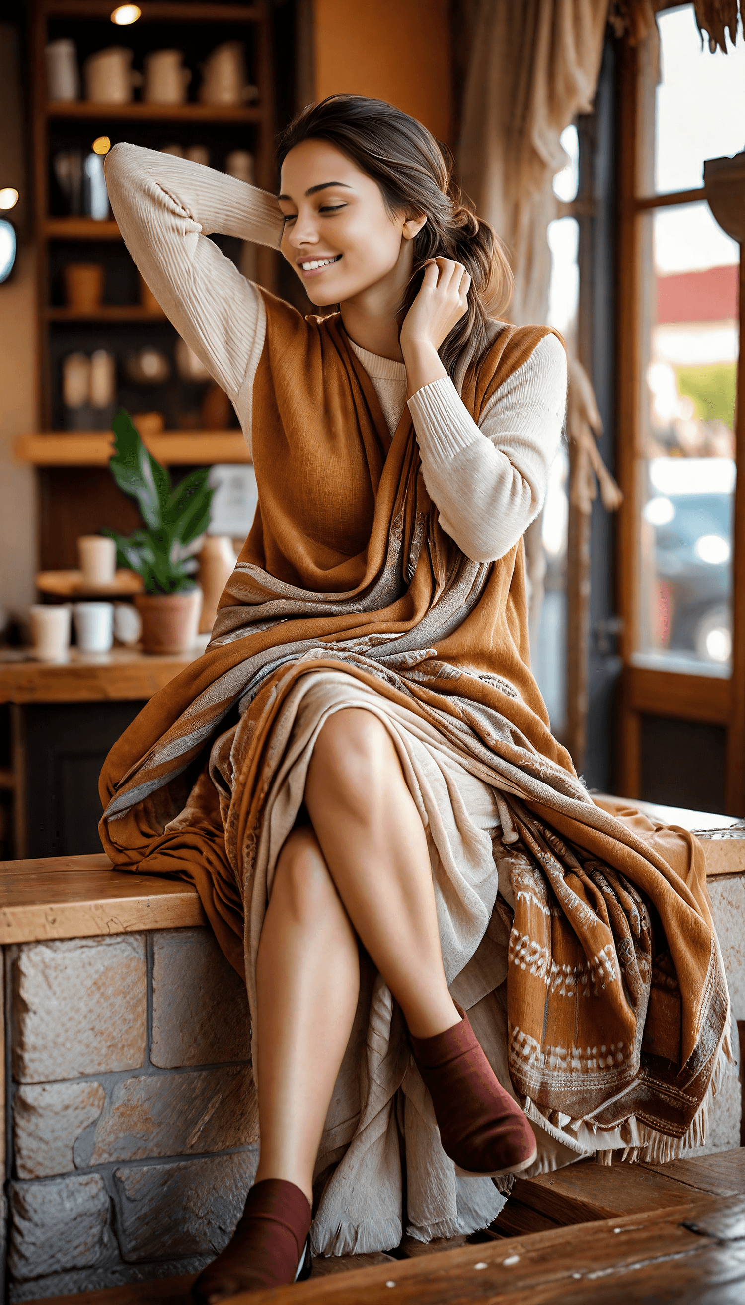 AI generated: A young woman sits relaxed on a wooden bench inside a cozy cafe, surrounded by natural wood decor an...