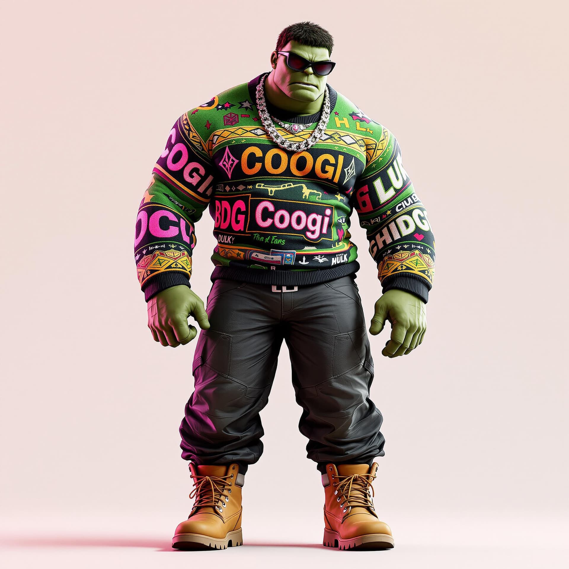 AI generated: the incredible hulk wearing a coogi sweater in hip hop fashion with shades, jewelry and timberland b...
