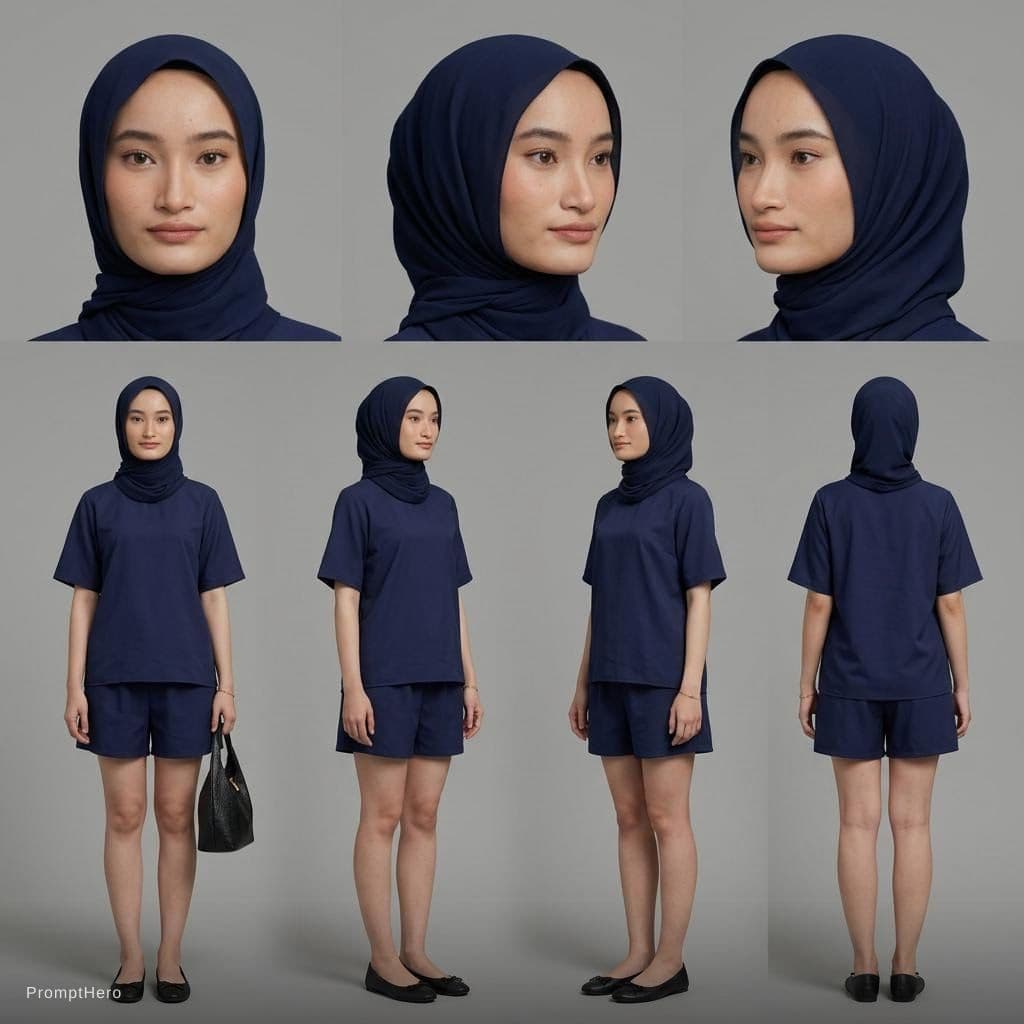 AI generated: Create a realistic DSLR character sheet on a grey backdrop using these uploaded selfies as the prima...