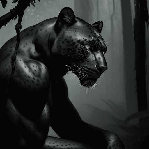 AI generated: rendering, detail candid shot of a black jaguar, seated on a branch, hyper detail black jaguar body ...
