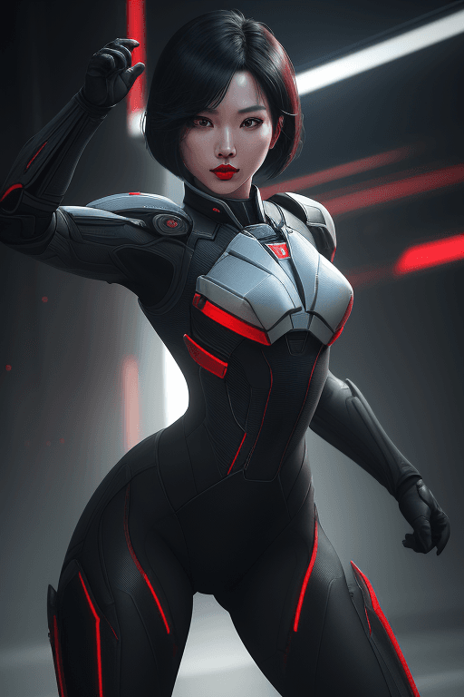 AI generated: (1girl, full body), action scene, dynamic pose, Beautiful Korean woman, kpop idol, wearing Mass Effe...