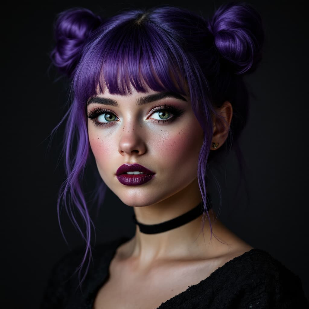 AI generated: Close-up portrait of a young English woman with purple hair styled in two buns, with long bangs and ...