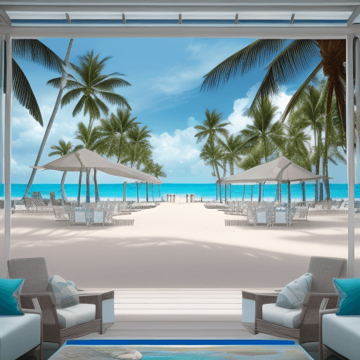 AI generated: (photorealistic shot of a beach), (scene is a poolside area of a luxury beach resort overlooking a t...