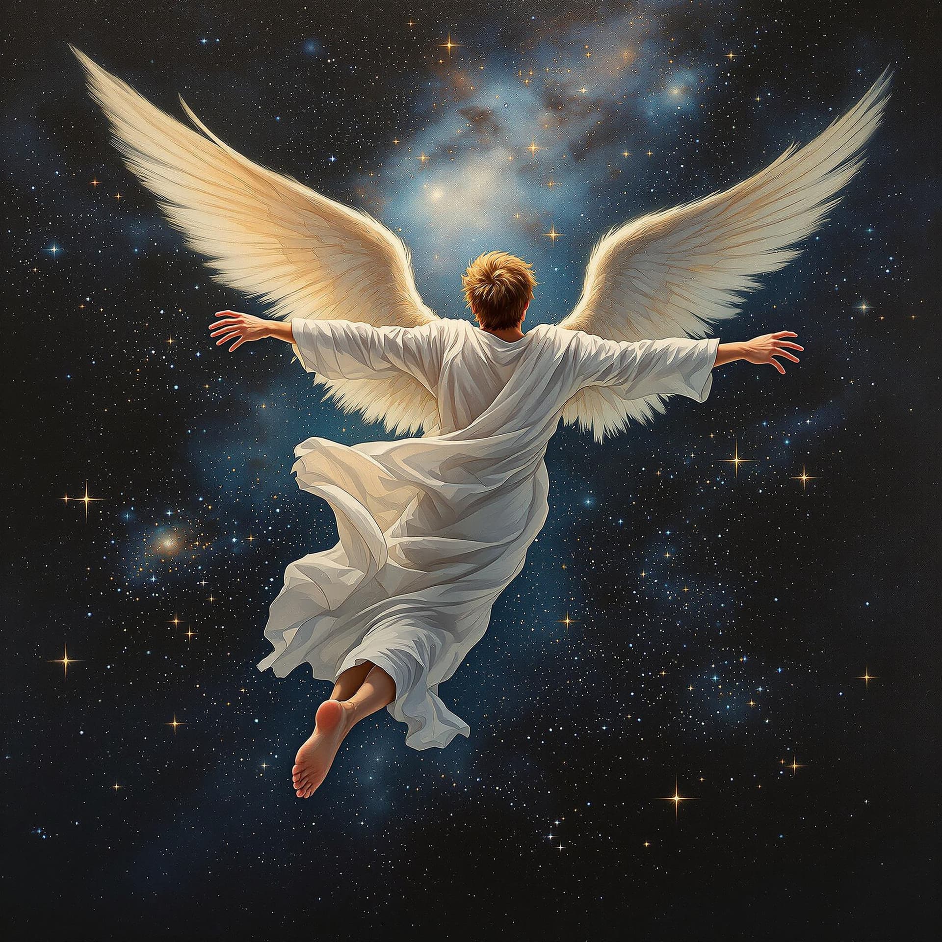 AI generated: An artist's oil painting of a masculine male, a strong angel, light brown hair, flying away with his...
