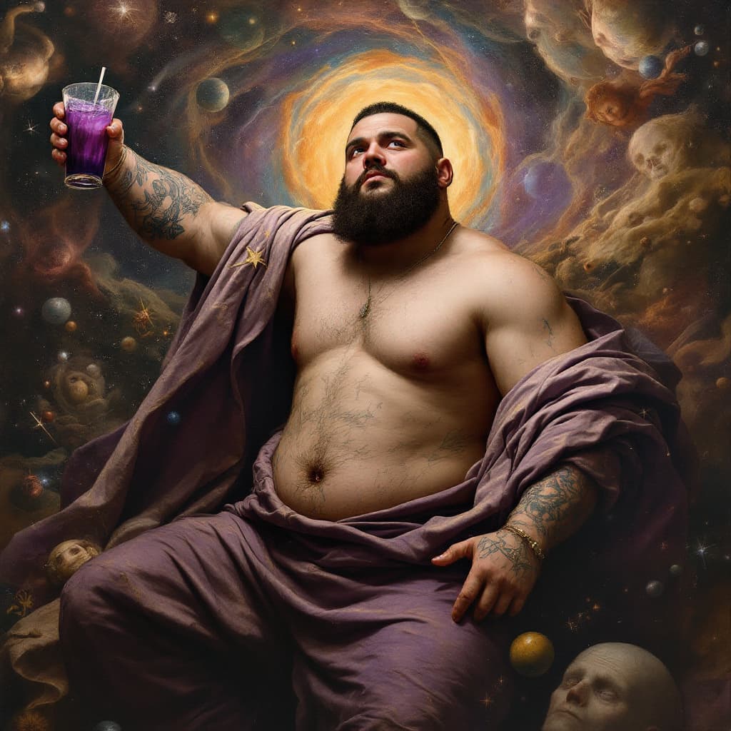 AI generated: Obese american rapper without a beard and with short hair, holding a purple drink, overseeing the un...